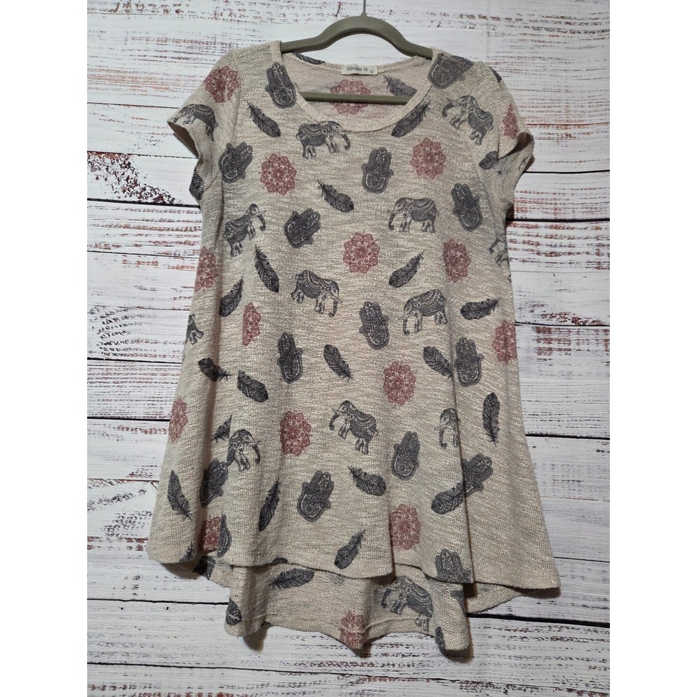 Ginger G Womens Elephant Hamsa Print High Low Shirt Beige Large Capped Sleeve